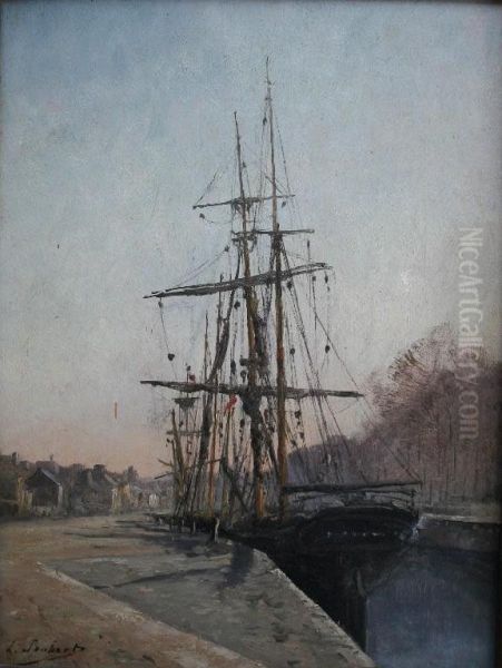 Vessel Moored At A Waterfront Oil Painting by Leon Joubert