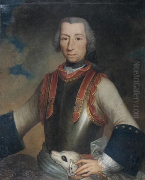 Portrait D'homme En Armure Caressant Son Chien Oil Painting by Fils Jouffroy