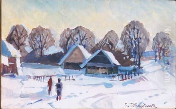 Village Sous La Neige Oil Painting by Stanislav Iulianov. Joukovski