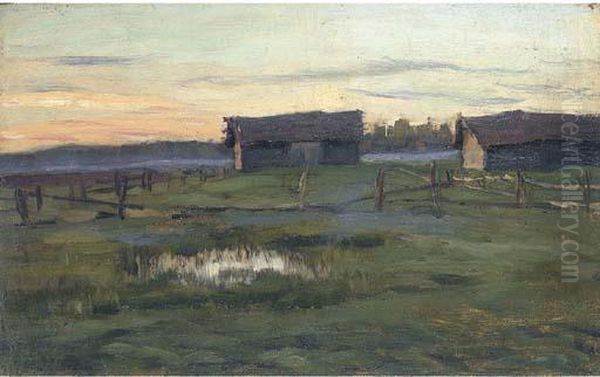 Farmyard At Dusk Oil Painting by Stanislav Iulianov. Joukovski