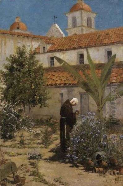 In The Garden, Santa Barbara Mission Oil Painting by Amedee Joullin