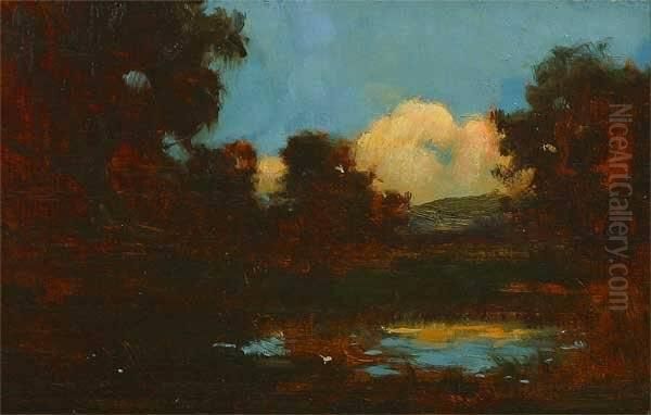 Pond In Atmospheric Autumn Landscape S L/r: A. Joullin O/wood Panel 5.75 X 9 Oil Painting by Amedee Joullin