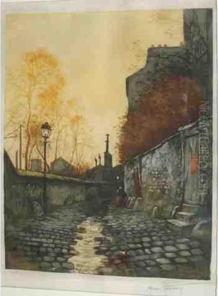 Montmartre, La Rue Cortot Apres La Pluie Oil Painting by Henri Jourdain