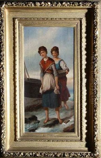 Two Belgian Fishergirls On A Rocky Shore Oil Painting by Laurent Bruno F. Jourdain