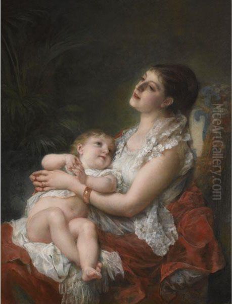 A Mother's Embrace Oil Painting by Adolphe Jourdan