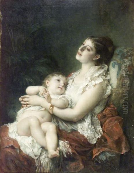 Mother And Child Oil Painting by Adolphe Jourdan