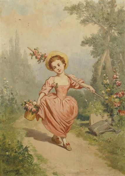 Bambina Con Cesto Di Fiori Oil Painting by Theodore Jourdan