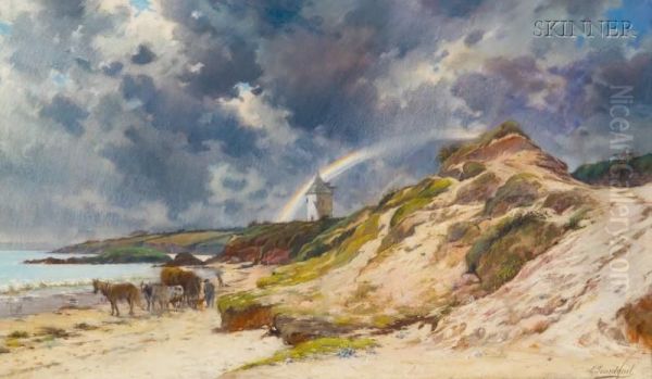 Beach Scene Oil Painting by Louis Marie Adrien Jourdeuil