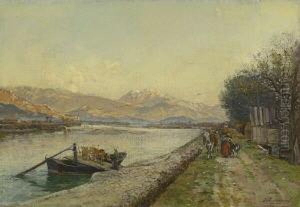 Flusslandschaft. Oil Painting by Louis Marie Adrien Jourdeuil