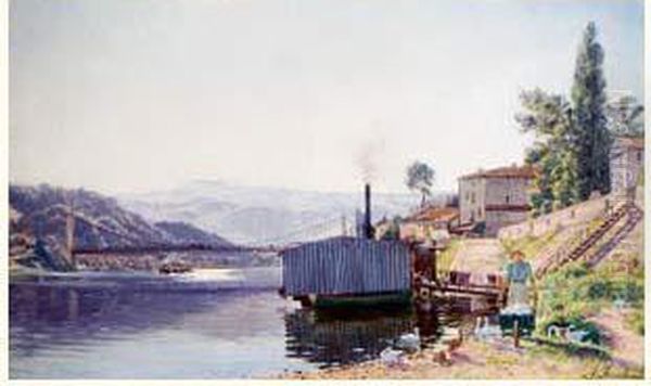 Le Rhone Dans L'ain, Circa 1880 Oil Painting by Louis Marie Adrien Jourdeuil