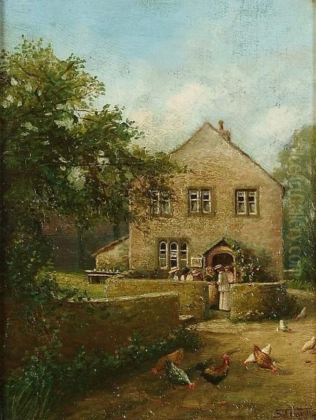 A Country House With Figures Outside, Chickens In The Foreground; And A Companion Oil Painting by Frank B. Jowett