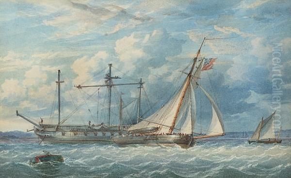 A Fast Cutter Running Inshore Past A Frigate Refitting For Sea Oil Painting by George William Joy