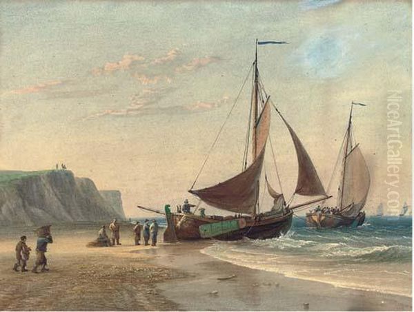 Barges Setting Off From The Beach At Cromer Oil Painting by John Cantiloe Joy