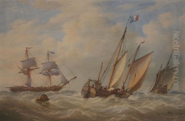 French Fishing Vessels And A Merchantman In Choppy Weather Oil Painting by Joy William & John