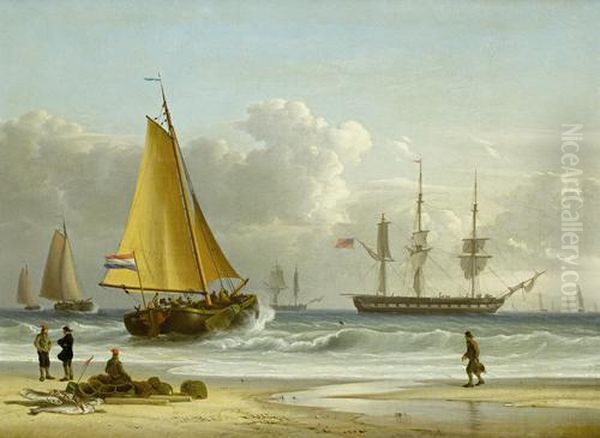 A Dutch Barge Pulling Away From The Beach And Making For An Anchored English Frigate Offshore Oil Painting by William Joy