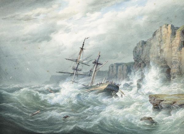 A Stiff Onshore Breeze With A Dismasted Merchantman Foundering On The Rocks Oil Painting by William Joy