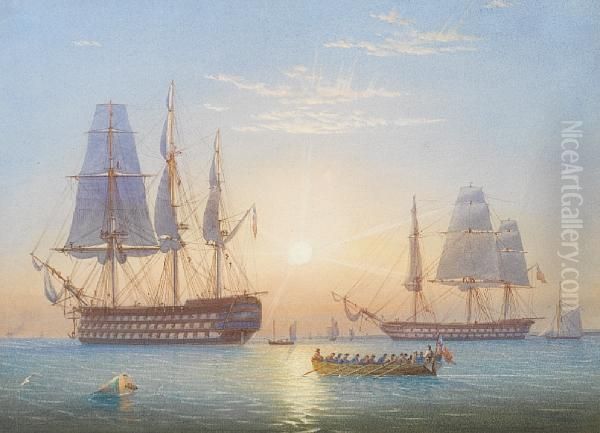 Queen 
 (captain F.t. Mitchell)and 
Cumberland 
 (captain G. Seymour) Off Spithead Oil Painting by William Joy