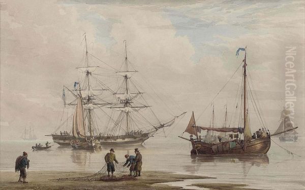 A Trading Brig Amidst Other Shipping At Anchor Offshore Oil Painting by William Joy