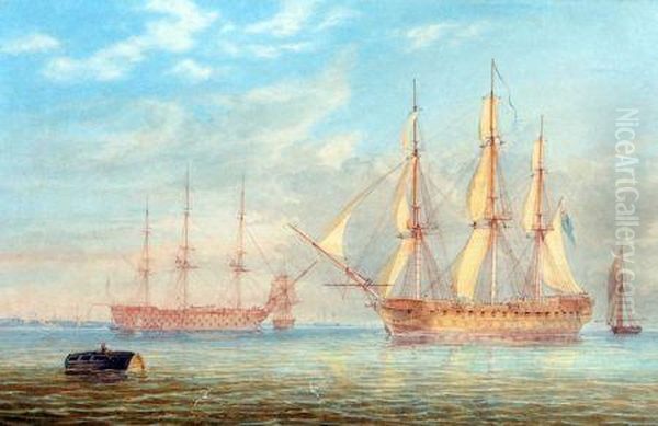 Hms Queen Coming To Anchor In Spithead With Other Royal Naval Warships From The Fleet Oil Painting by William Joy