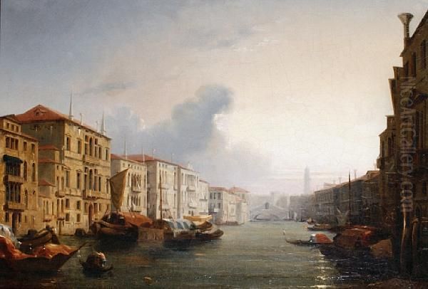 The Grand Canal With The Rialto Bridge In Thedistance Oil Painting by Jules Romain Joyant