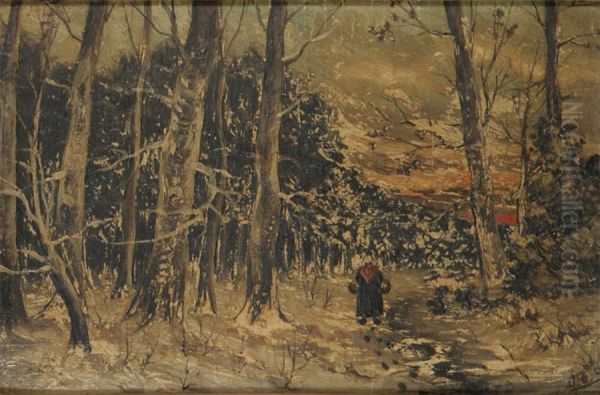 Winter Wooded Landscape With Figure Oil Painting by De Swerts Joz