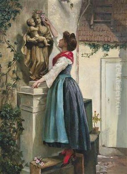 Floral Tribute For The Statue Of Mary Oil Painting by Kinzel Jozef