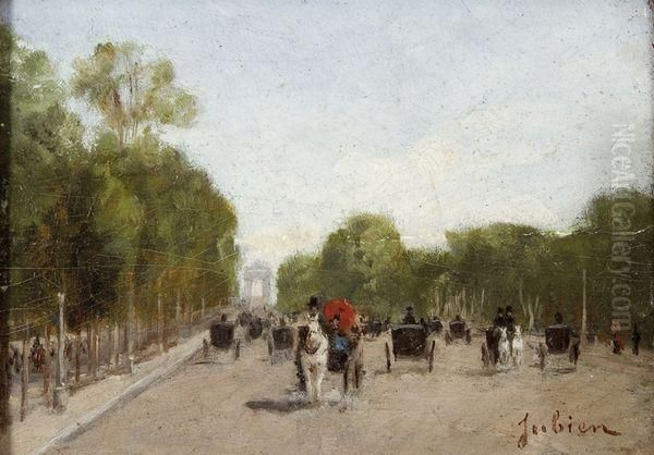 Avenue Animee De Voitures Hippomobiles Oil Painting by Francois-Louis Jubien