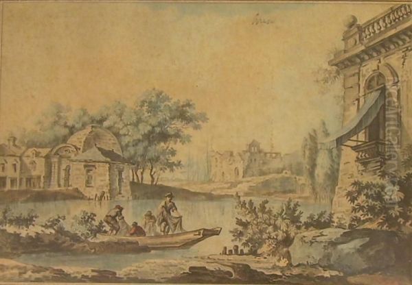 Fishermen In A Neoclassical Landscape Oil Painting by C.L. Jubier