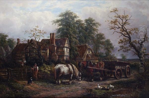 Horses And Figuresbefore A Farmhouse Oil Painting by Thomas James Judkin