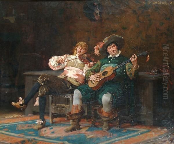 The Musicians 'v.h. Juglar. 81' (top Right) Oil Painting by Victor Henri Juglar