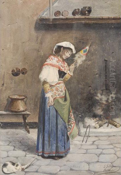 Roman Woman In Interior Domestic Scene Oil Painting by Jose Juliana Albert