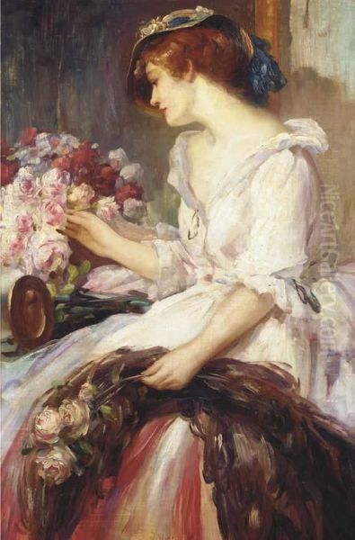 Arranging Pink Roses Oil Painting by Joseph Toussaint Julien