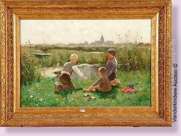 Jeunes Pecheurs Au Bord De L'etang Oil Painting by Joseph, Jos Julien