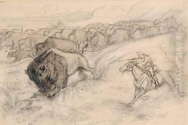 The Buffalo Hunt Oil Painting by Octave-Henri Julien