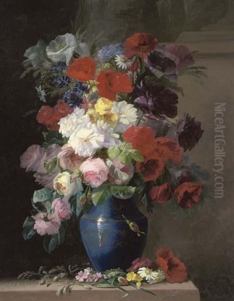 Roses, Poppies, Daisies And Other Summer Blooms In A Vase Oil Painting by C. Julliard