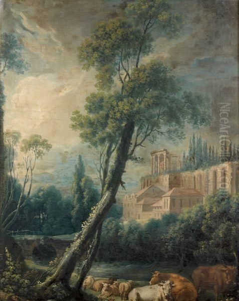 < Temple De Vesta Dominant Une Scene Pastorale >. Oil Painting by Nicolas-Jacques Juliard