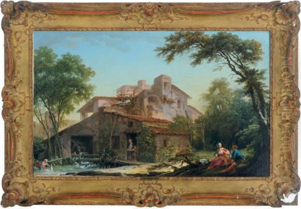 A Watermill With A Dovecot And A Peasant Couple Seated Under A Tree In The Foreground Oil Painting by Nicolas-Jacques Juliard