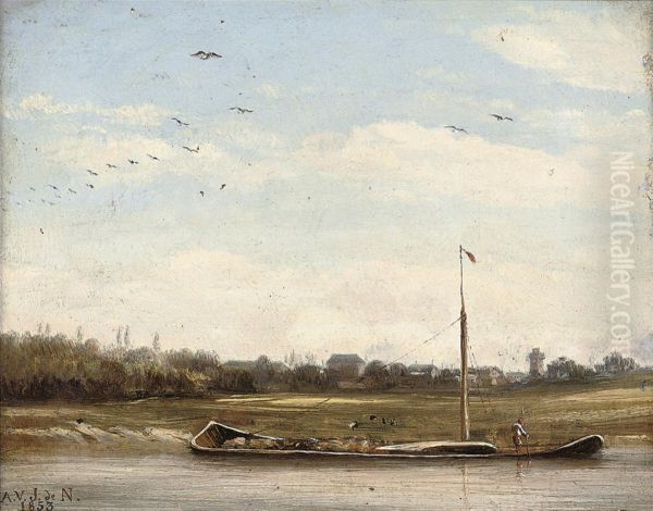 A Barge On The River Oil Painting by Antoine Valentin Jumel De Noireterre