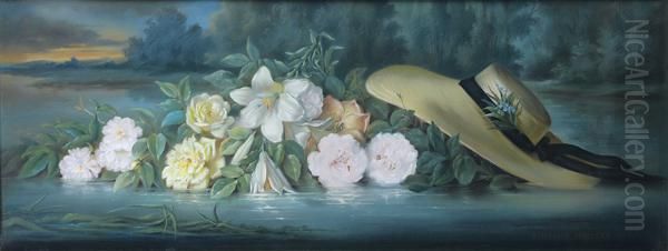 Fleurs Et Chapeau De Paille Jetes Sur L'eau Au Crepuscule Oil Painting by Frederick Juncker