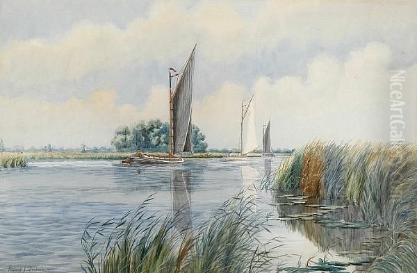 Wherries On The Broads Oil Painting by Frederick Juncker