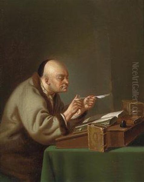 A Scholar Reading And A Scholar At His Desk Oil Painting by Justus Juncker