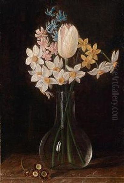 Ein Blumenstillleben In Einer Glasvase Oil Painting by Justus Juncker