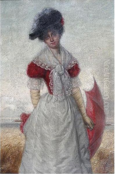 An Elegant Lady, With A Parasol, Before A Cornfield Oil Painting by Wilhelm Karl Juncker