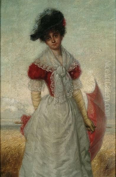 An Elegant Lady In A Cornfield Holding A Red Umbrella Oil Painting by Wilhelm Karl Juncker