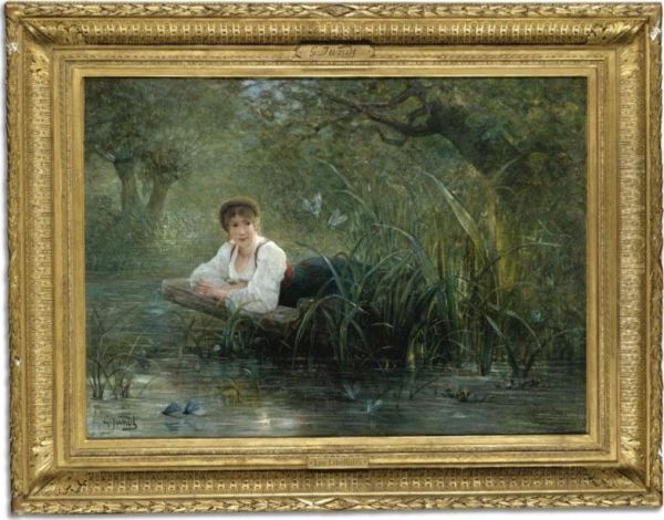 By The Riverbank Oil Painting by Gustave Adolf Jundt