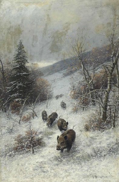 A Herd Of Boars Running Through The Woods In The Snow Oil Painting by Johann Jungblutt