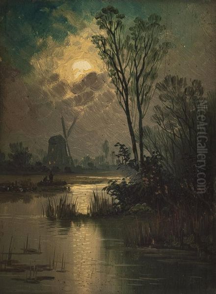 Nachtliche Seenlandschaft Mit Windmuhle Oil Painting by Johann Jungblutt