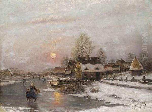 Wintry Landscape Atsunset With Promenaders On A Frozen Canal. Oil Painting by Johann Jungblutt