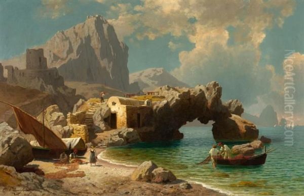 Bay At Capri With Fishermen And Their Boats. Oil Painting by Carl Jungheim