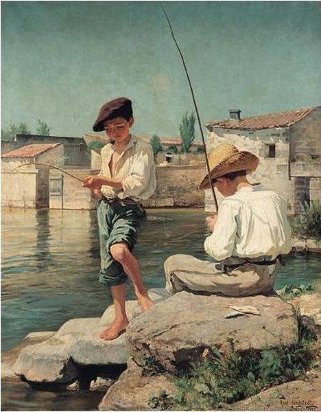 De Sma Fiskarpojkarna (the Young Anglers) Oil Painting by Axel Jungstedt